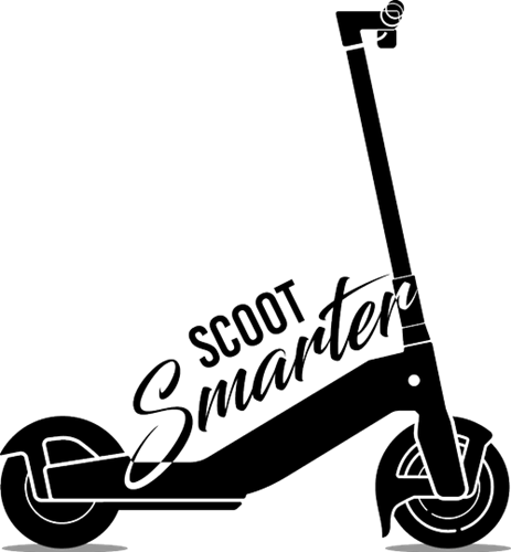 Scoot Smarter Logo. A black cartoon outline of a scooter with the overlaying wording 