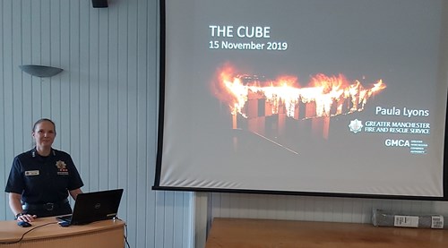 Station Manager Paula Lyons presenting the Cube fire incident