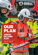 Front cover of annual delivery plan 2022-23 showing firefighter working with police and ambulance service