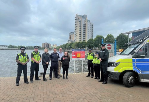 Campaign partner representatives from Greater Manchester Police, GMFRS, Manchester City Council and Salford City Council, stood outside Salford Water Sports Centre