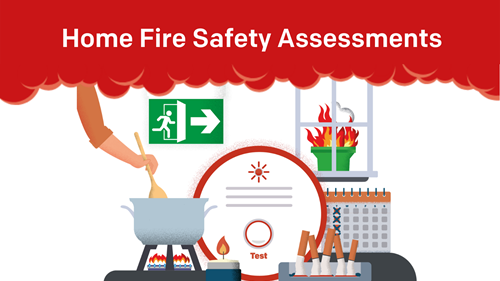 Graphic of pan cooking over gas flame, candle flame, cigarettes in ashtray, bin on fire, smoke alarm and fire exit sign