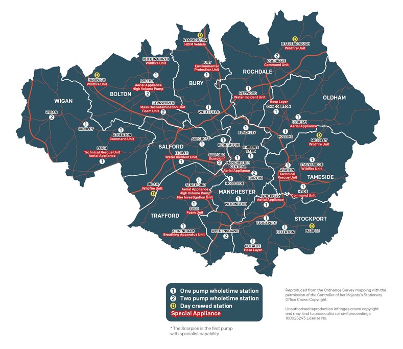 The map shows the current fire cover arrangements in Greater Manchester